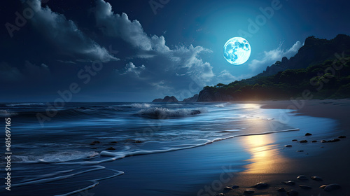 a beautiful night scene in a beach with a full moon