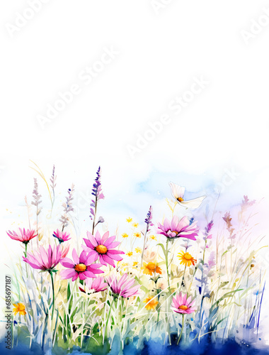 Watercolor Wildflowers Field Landscape Background with Copy Space