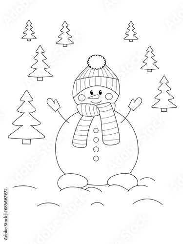 Coloring page of cute cartoon snowman. Christmas and New Year vector illustration. Greeting card background. Black and white line art for coloring page. Coloring book for children.