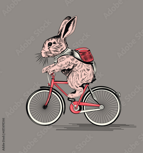 Easter rabbit, cute bunny with eggs in a basket riding bike. Old fashioned, vintage stock vector illustration for greeting card and poster