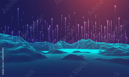 Big Data. Abstract digital futuristic wireframe vector illustration on technology background. Data mining and management concept. Hand drawn art.