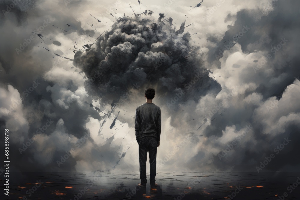 Man Standing Alone in a Stormy Landscape, Symbolizing Depression Man Standing Alone in a Stormy Landscape, Symbolizing Depression