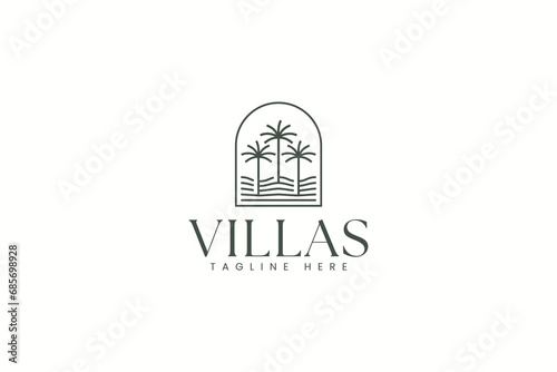 palm tree logo concept with landscape scene at frame for landscape and real estate business