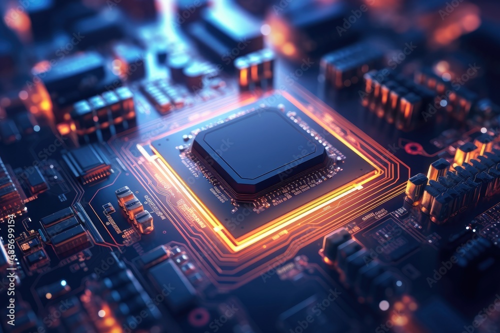 Futuristic Computer Circuit Board with Glowing Lights