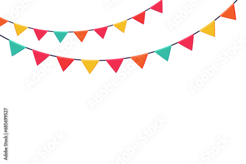 Garland of colored flags horizontal banner. Festive vector background in flat cartoon style on a white background.
