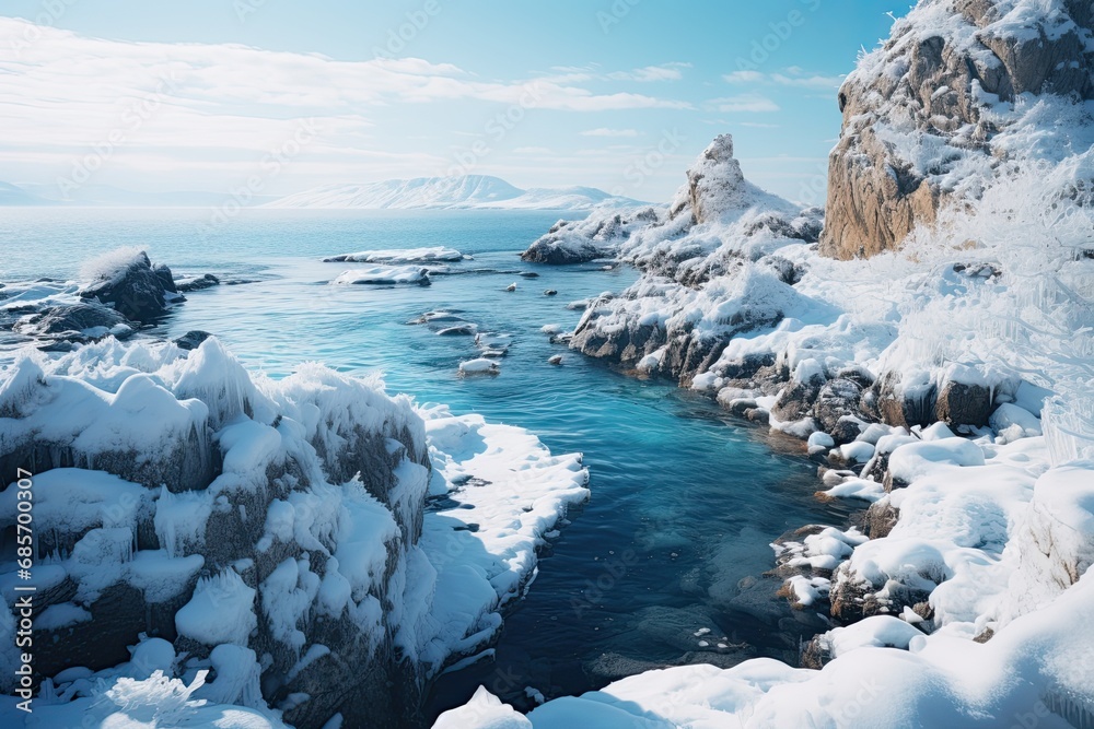 Winter landscape. Lake with crystal clear water. The forest is covered with snow. Generative AI Art. Beautiful view.
