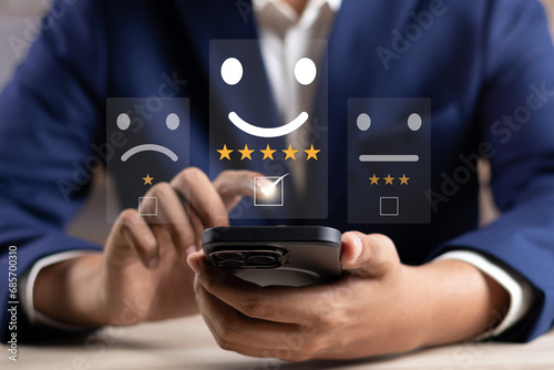 Customer service survey,User give rating of best excellent service rating experience on online application,Client review satisfaction feedback,Consumers give ranking of services quality and reputation photo