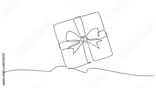 One Continuous line drawing of Christmas Present box. Vector illustration