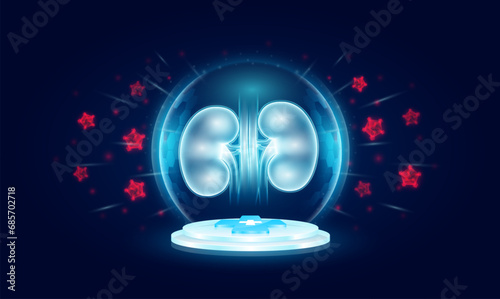 Immunity system protect medical. Kidney human organ inside transparent bubble dome shield floating on medical cross symbols. Anti germ defence and protection virus bacteria penetrating cells. Vector.