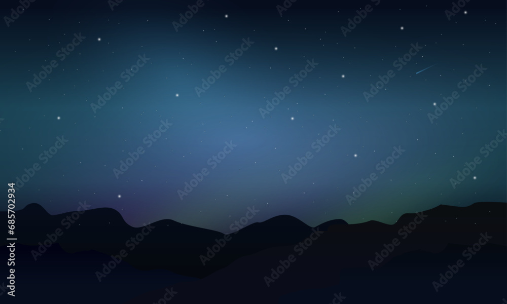 Colorful starry night sky vector background with northern lights, nebula in blue and purple, mountain silhouette in front, fog, cosmos, star,