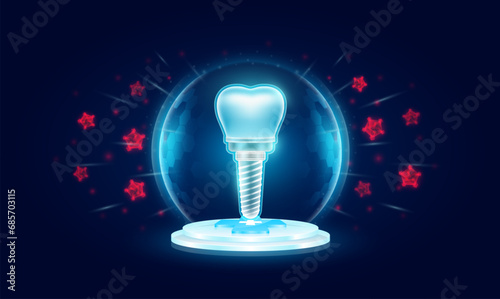 Immunity system protect medical. Dental implant inside transparent bubble dome shield floating on medical cross symbols. Anti germ defence and protection virus bacteria penetrating cells. Vector.