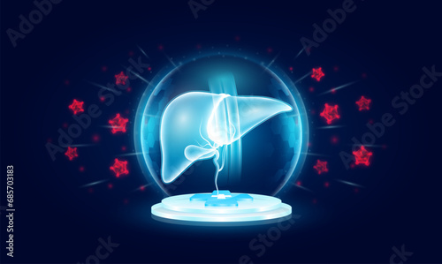 Immunity system protect medical. Liver human organ inside transparent bubble dome shield floating on medical cross symbols. Anti germ defence and protection virus bacteria penetrating cells. Vector.