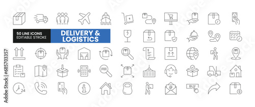 Set of 50 Delivery and Logistics and Web line icons set. Delivery and Logistics outline icons with editable stroke collection. Includes Air Delivery, Shipping, Trackingl, Support, Payment, and More.