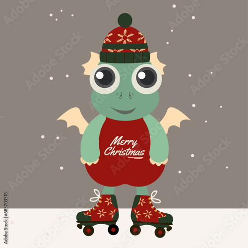 Flat Design Merry Christmas   illustration with Dragon Wearing a Merry Christmas Sweater and Hat, Roller Skates