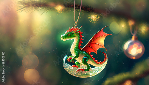 A green dragon with a red mane emerges from an eggshell on Christmas Eve and New Year's Eve. A New Year's toy on the branch of a Christmas tree