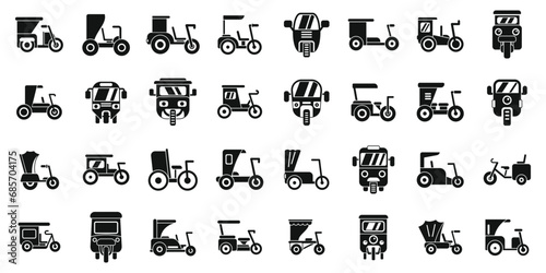 Trishaw icons set simple vector. Bike indian transport. Bicycle vehicle taxi