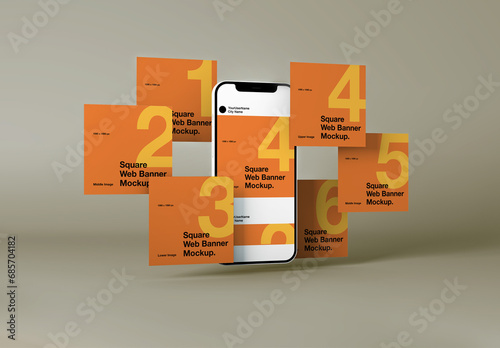 Social Media Square Web Banners Mockup With Cellphone