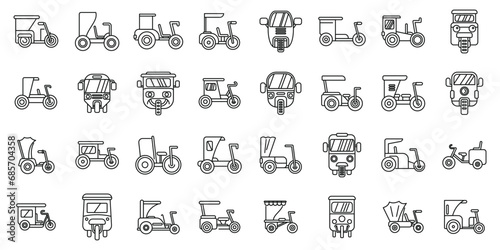 Trishaw icons set outline vector. Bike indian transport. Bicycle vehicle taxi photo