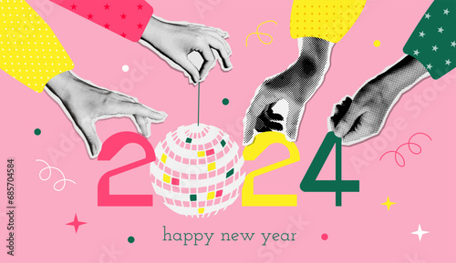 Trendy vintage 2024 New Year banner design in halftone 90s zine collage style. Hands holding numbers with mirror ball. Holiday party concept. Vector illustration for poster, banner or greeting card