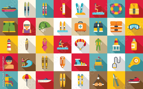 Water skiing icons set flat vector. Sport adventure. Board beach swim