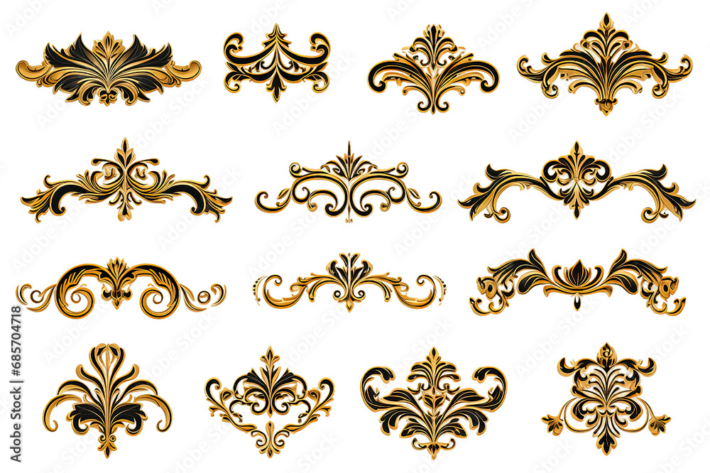 3d illustration stucco decoration, gold cartouche isolated on PNG Background. Generative Ai. 3d illustration stucco decoration, gold cartouche isolated on PNG Background. Generative Ai.