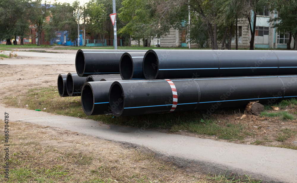 Replacement of sewer pipes. New pipes close-up. Replacement of sewer pipes. New pipes close-up.