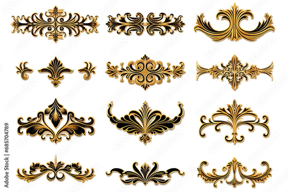 3d illustration stucco decoration, gold cartouche isolated on PNG Background. Generative Ai. - obrazy, fototapety, plakaty 