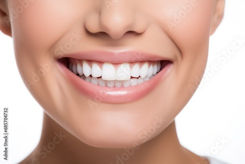 Portrait of a beautiful young model woman smiling with perfectly clean teeth, used for a dental ad, isolated on a white background