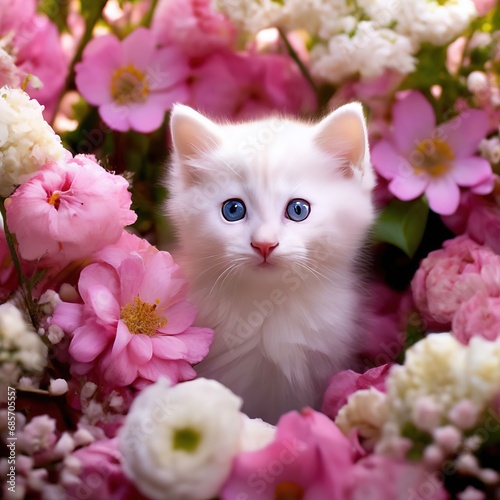 a white kitten peeks out from pink flowers.