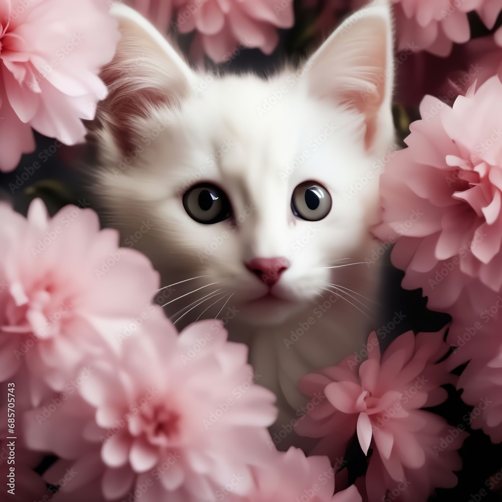 Fototapeta a white kitten peeks out from pink flowers.