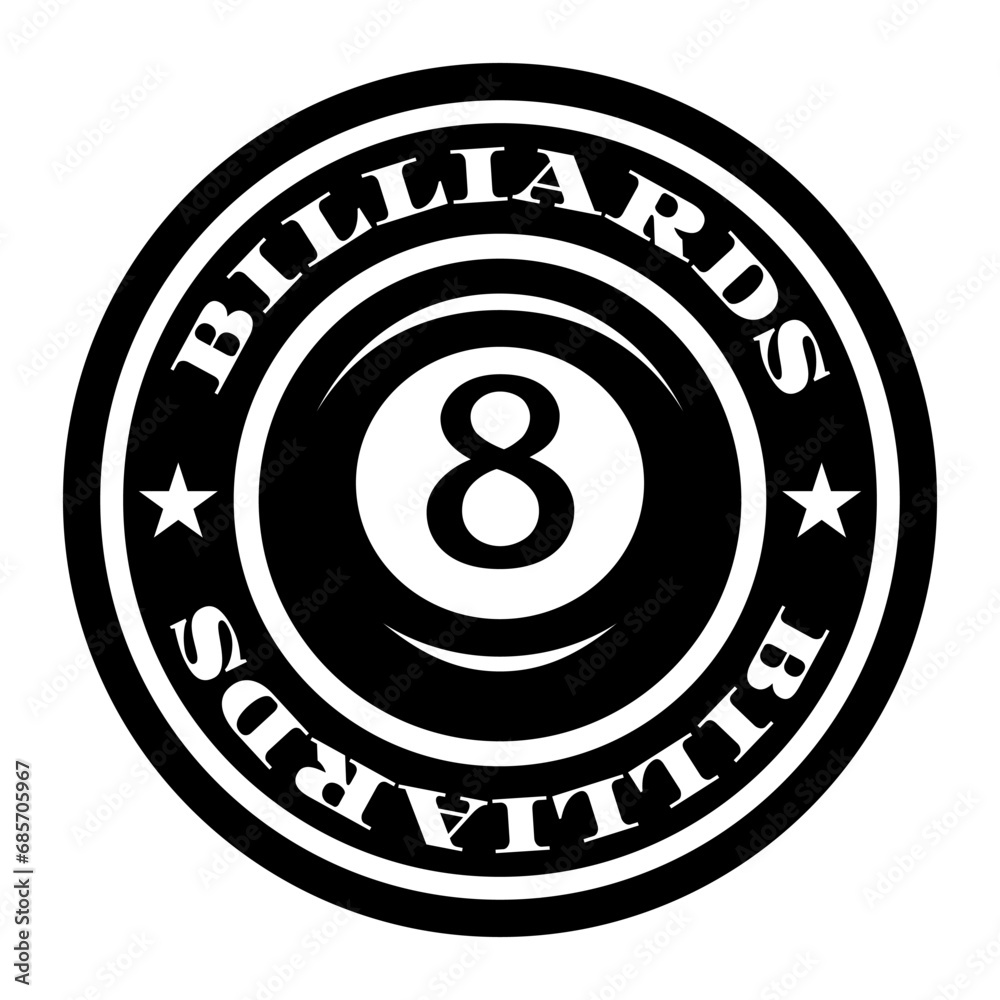 Billiard logo. Black ball color with the number eight. 8. Pool game. Snooker. Billiard logo. Black ball color with the number eight. 8. Pool game. Snooker.