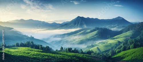 Beautiful sunrise in the mountains nature view from Kolukkumalai Munnar Kerala concept image Copy space image Place for adding text or design photo