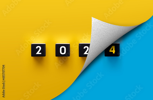 Starting new year 2024. Flipping of 2023 to 2024 on wooden cube blocks. Beginning and start of the new year 2024. Preparation for new year ,life, business, plan, goals, target and strategy concept.