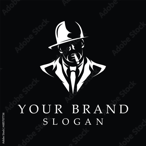 mafia logo with abstract silhouette character of man wearing hat and smoking
