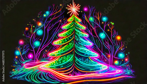 Stylised Christmas tree made of neon lights on a dark background