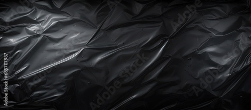 Black transparent plastic texture with a hole for poster and cover art Realistic plastic wrap for overlay copy space and photo effect Wrinkled plastic on black background Copy space image Place photo