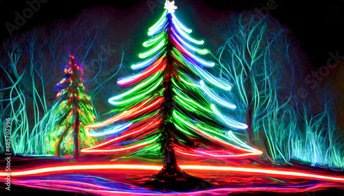 Stylised Christmas tree made of neon lights on a dark background