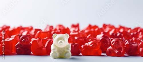 Diverse red gummy bears with one white bear Copy space image Place for adding text or design photo