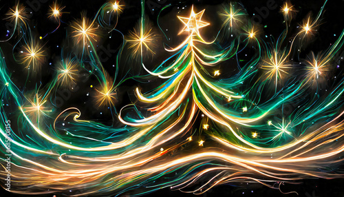 Stylised Christmas tree made of neon lights on a dark background