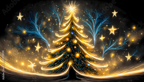 Stylised Christmas tree made of neon lights on a dark background