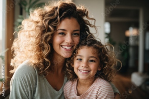 Close-up portrait of a beautiful smiling mother and daughter at home. A curly-haired woman and a girl happily look into the camera. Mother's Day, Women's Day, Family Day.