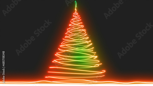 Stylised Christmas tree made of neon lights on a dark background