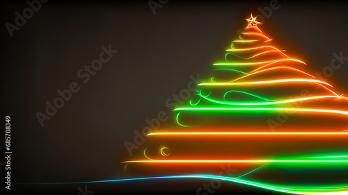 Stylised Christmas tree made of neon lights on a dark background