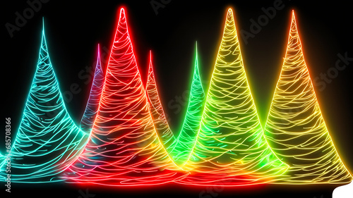 Stylised Christmas tree made of neon lights on a dark background