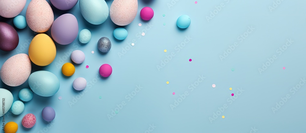 Colorful handcrafted Easter eggs on blue backdrop Minimalistic concept Top down perspective Text space on card Copy space image Place for adding text or design