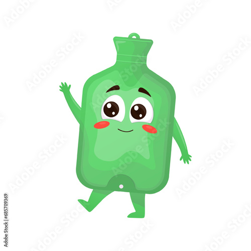 Cute green medical heating pad in a charming cartoon style. Vector medical character designed for children. Retro-themed illustration suitable for gaming, books, web, and print, with a transparent bac