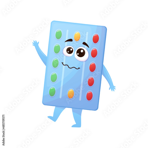 Cartoon medical character in a blister pack with colorful capsules and a funny face. This vector illustration of a medical mascot a transparent background is designed for children. A retro-inspired im