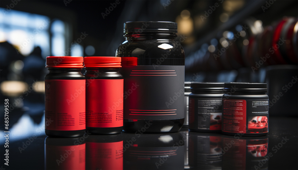 Gym supplies nutrition creatine, creatine monohydrate powder blank mockup jar in the gym. Protein and recommends taking sports nutrition while doing bodybuilding. guy muscles protein  training.  - obrazy, fototapety, plakaty 