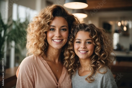 Close-up portrait of a beautiful smiling mom and teenage daughter at home. A curly-haired woman and a girl happily look into the camera. Mother's Day, Women's Day, Family Day.