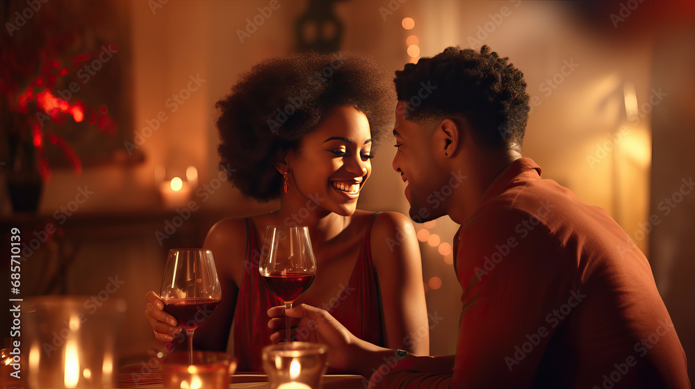 A young African American couple talking and hugging during romantic dinner, celebrating Valentine’s Day, drinking wine in restaurant, smiling man and woman in love, anniversary evening